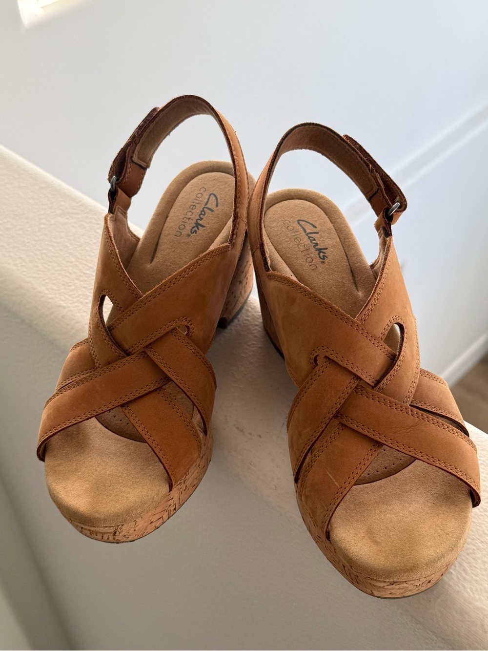 Clarks Tan Suede Cross-Strap Wedge Sandals